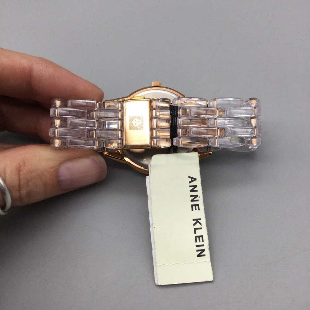 Anne Klein Womens Watch 36mm Rose Gold Dial Clear Resin Bracelet New Battery 6